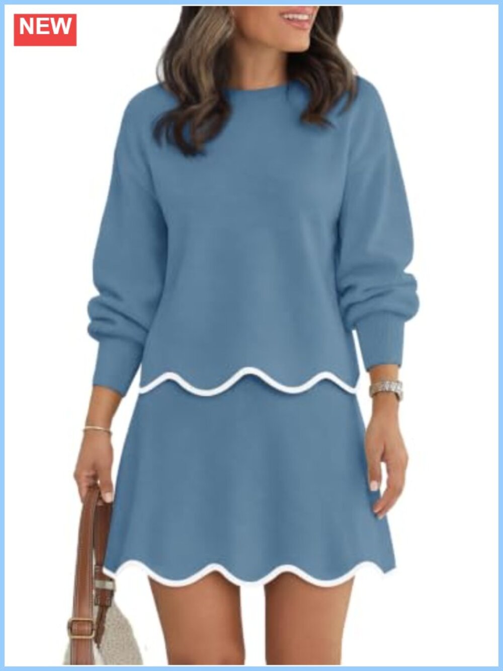 Knit 2 Piece Skirt Set Puff Long Sleeve Scalloped Mini Skirt Fall Casual